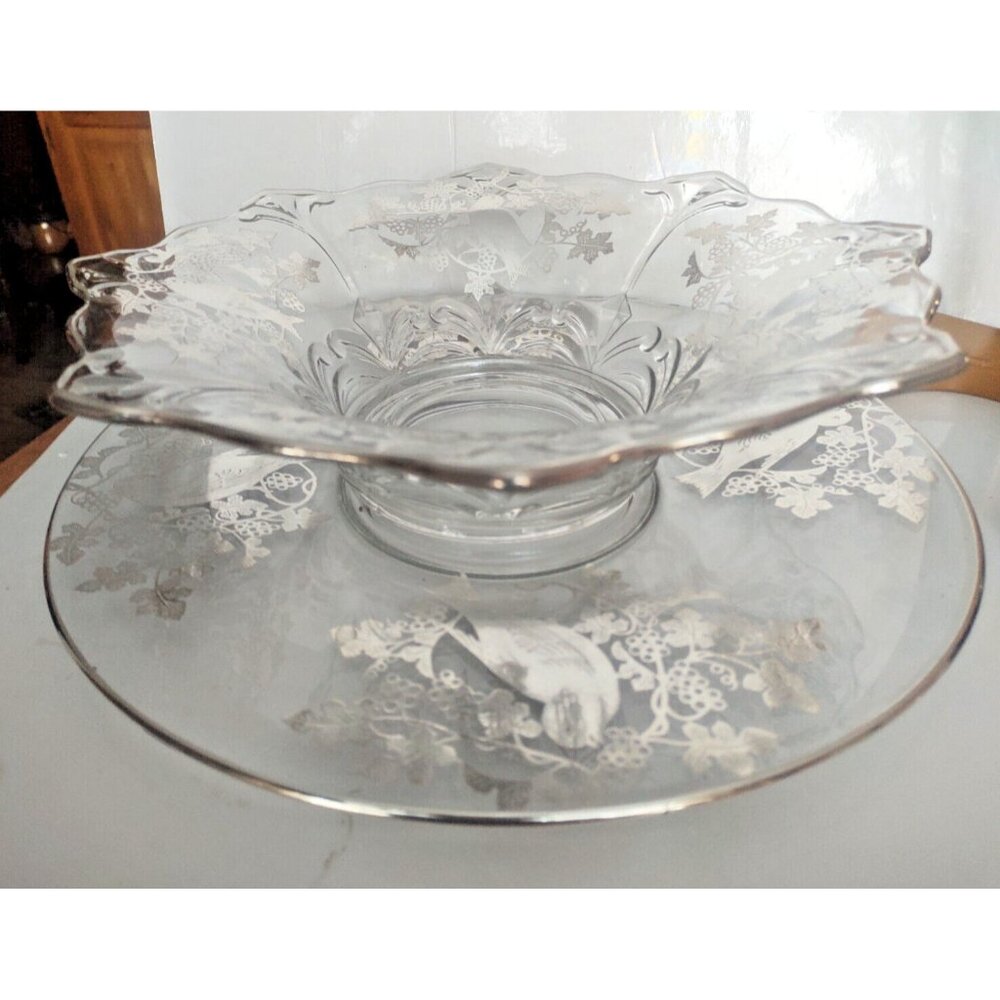 Sterling Silver Overlay Console Bowl with Underplate 14", Glass Centrepiece Set